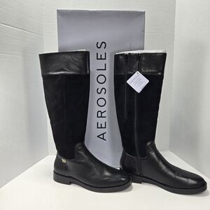 AEROSOLES Taba Black Suede Knee-High Two Zipper Expand Calf Riding Boot Size 7.5